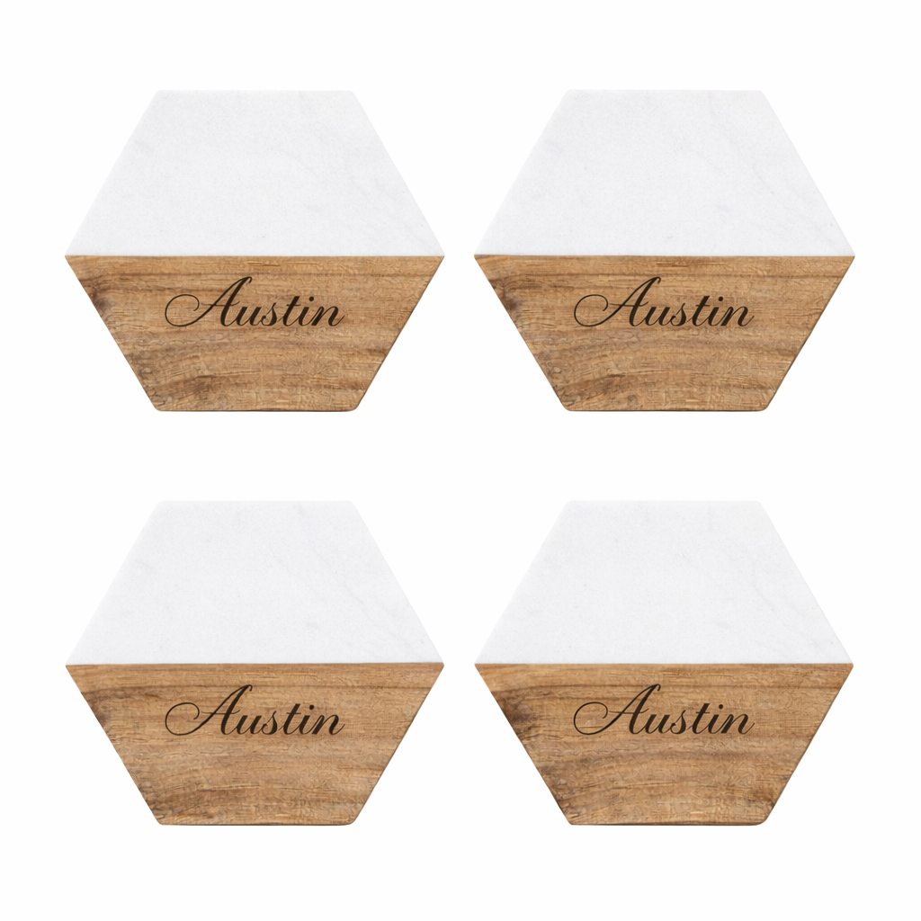 Personalized Hexagonal White Marble & Acacia Wood Coasters