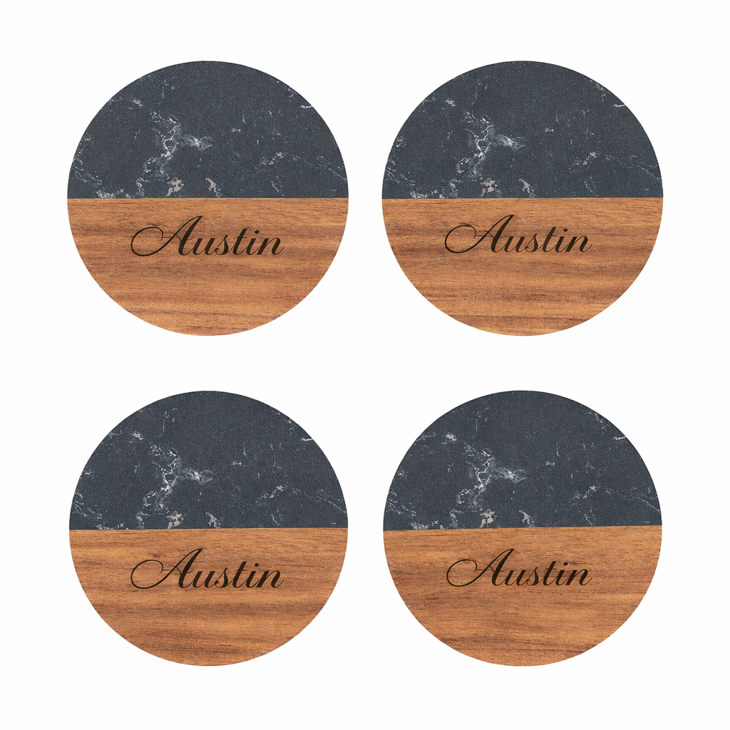 Personalized Round Black Marble & Acacia Wood Coasters