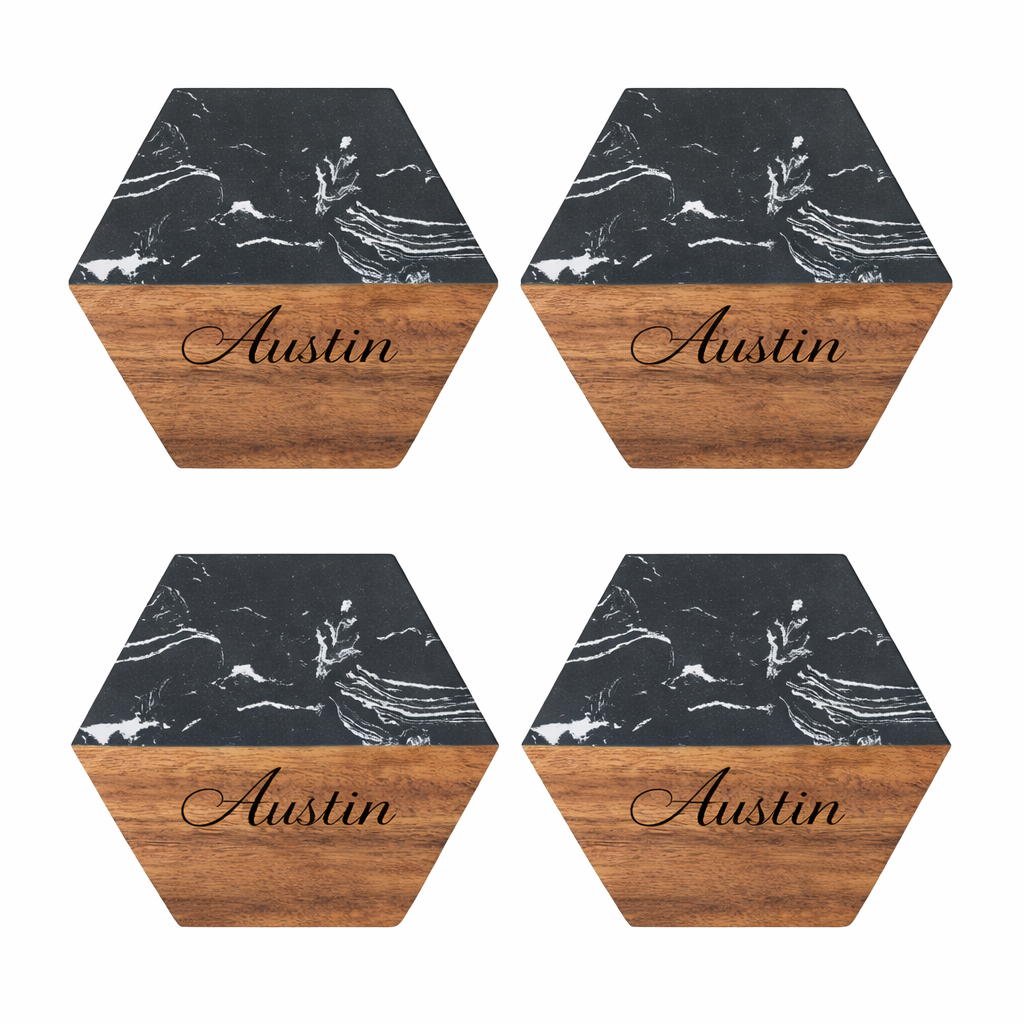 Personalized Hexagonal Black Marble & Acacia Wood Coasters