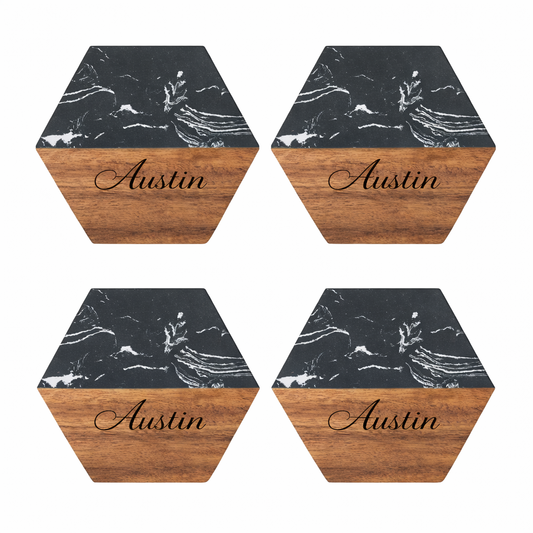 Personalized Hexagonal Black Marble & Acacia Wood Coasters