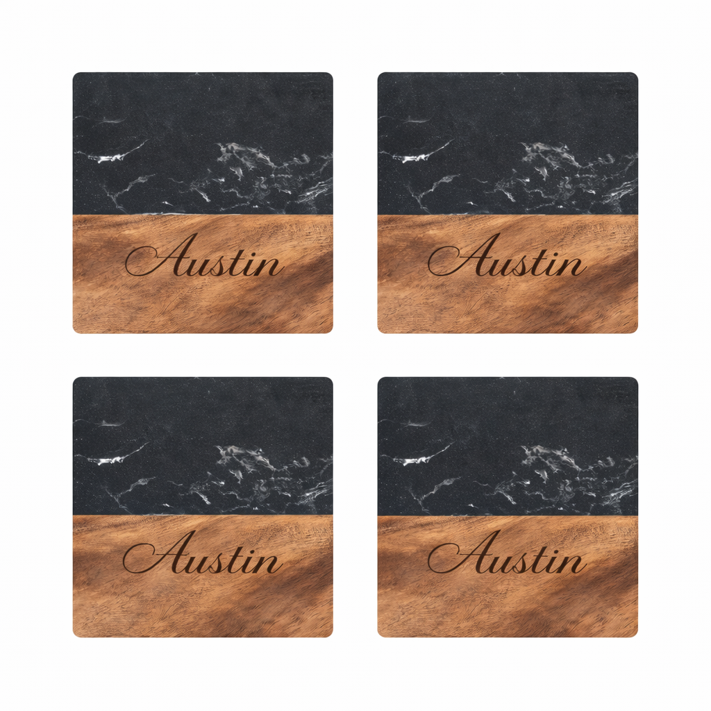 Personalized Square Black Marble & Acacia Wood Coasters