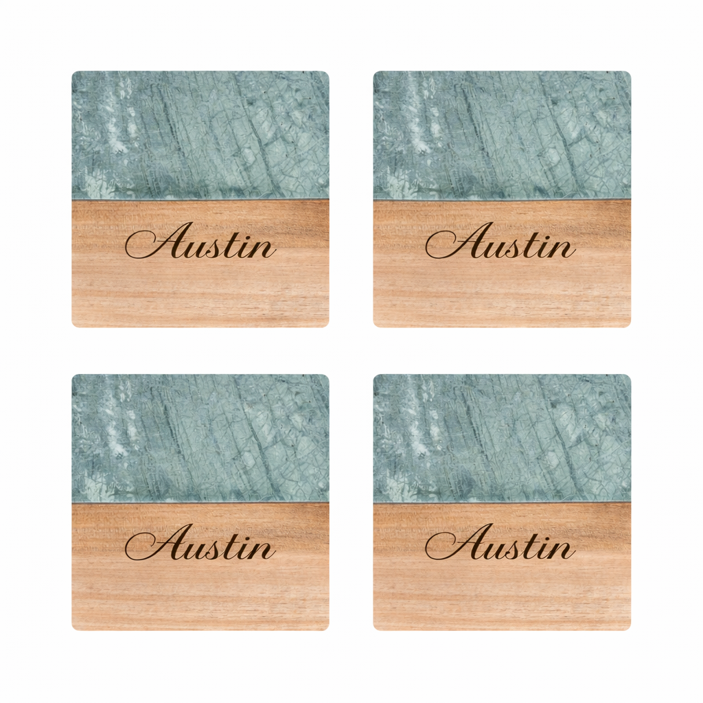 Personalized Square Green Marble & Acacia Wood Coasters