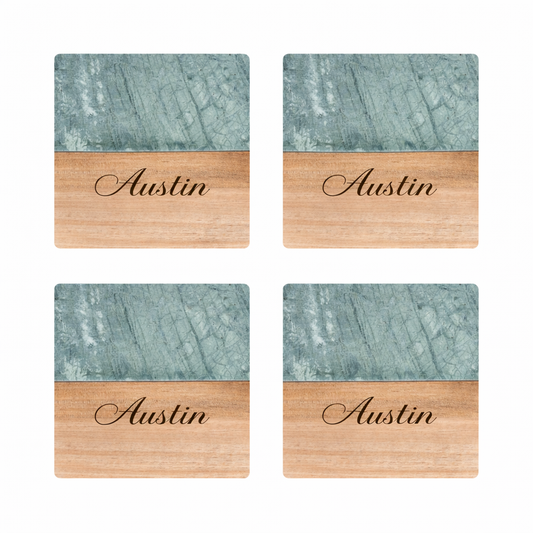 Personalized Square Green Marble & Acacia Wood Coasters