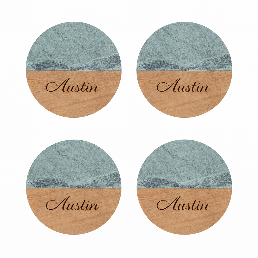 Personalized Round Green Marble & Acacia Wood Coasters