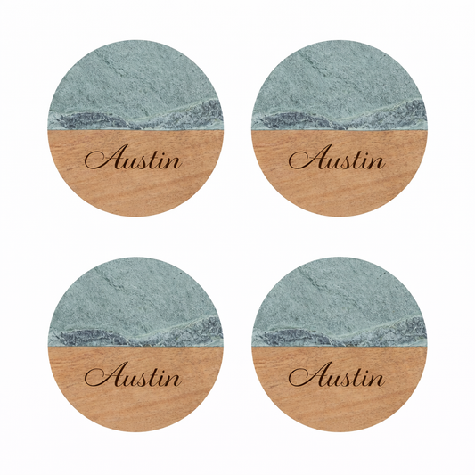 Personalized Round Green Marble & Acacia Wood Coasters