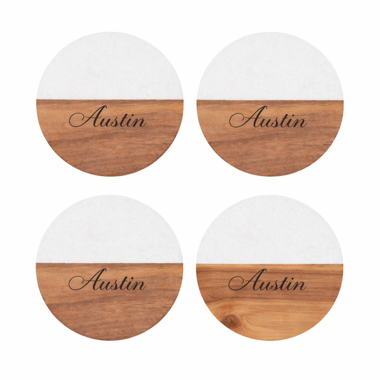 Personalized Round White Marble & Acacia Wood Coasters