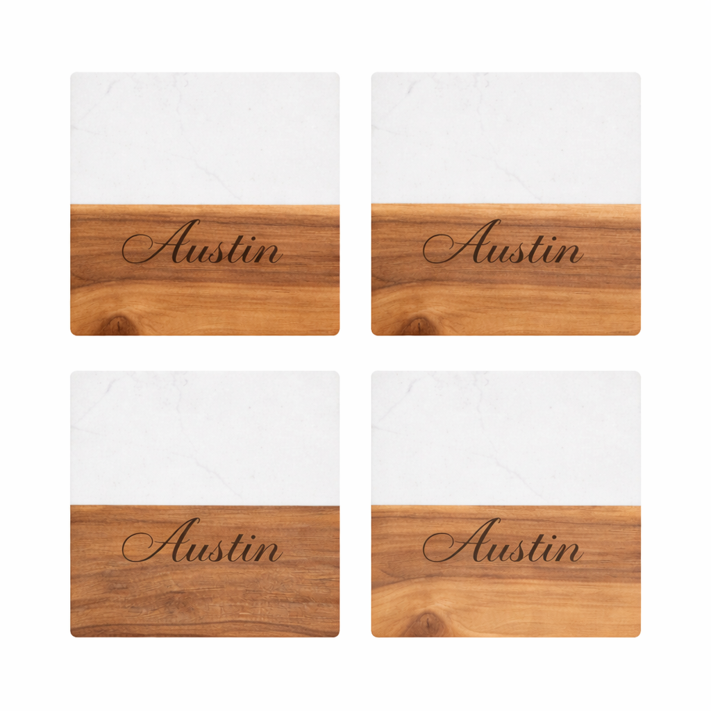 Personalized Square White Marble & Acacia Wood Coasters