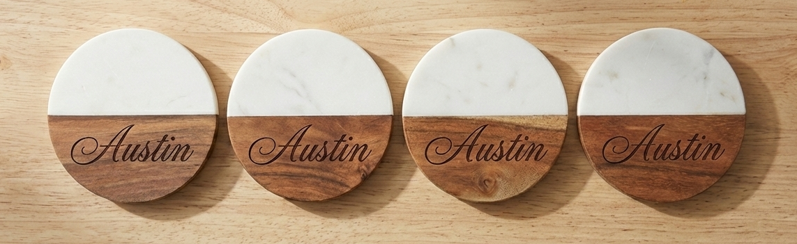 Personalized Round White Marble & Acacia Wood Coasters