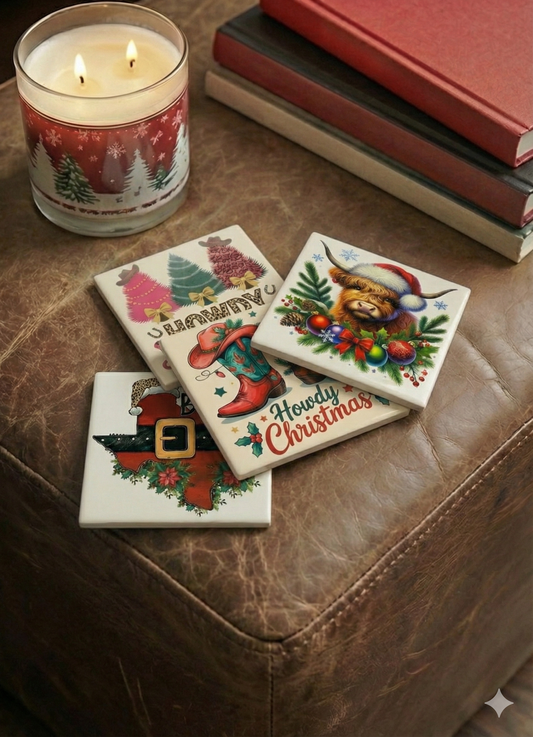 Texas Christmas Ceramic Coaster Set